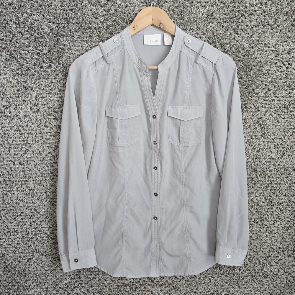 Chicos Top Womens 0 US Small Gray Button Up Semi Sheer Blouse Casual‎ Ladies